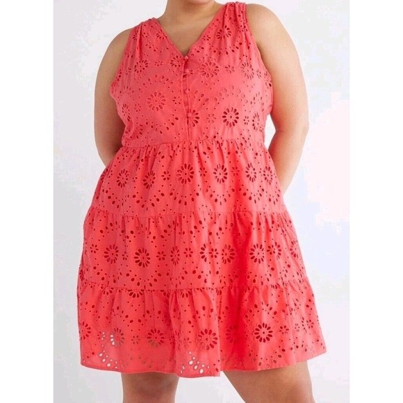 Time And Tru Sleeveless Eyelet Dress Women XXXL(22) Coral Pink Cottage Core Boho - Picture 1 of 12